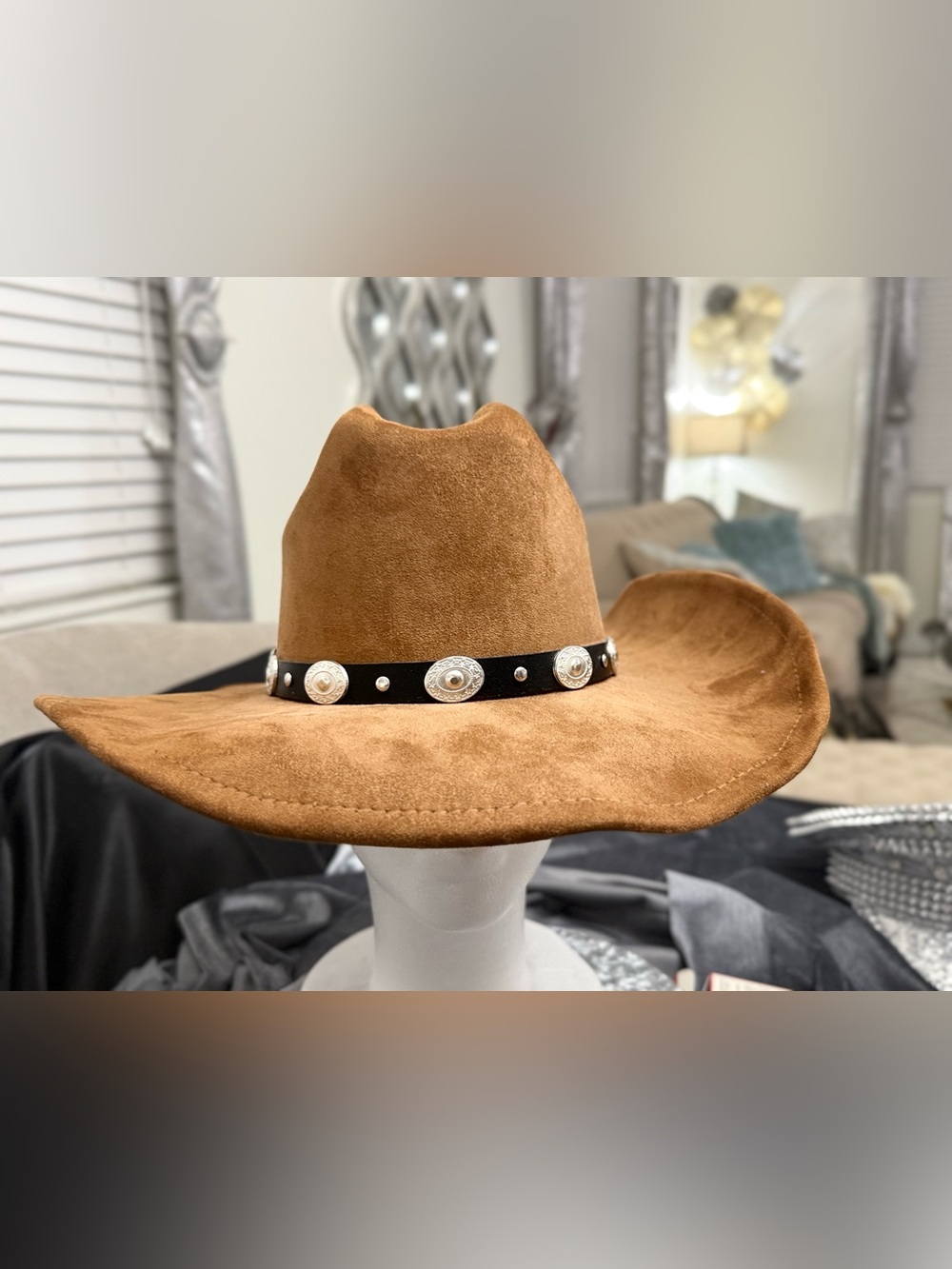 Women’s Brown Suede Fedora Hat with Black Studded Band